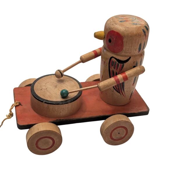 Vintage 1940s Wooden Pull Toy Owl/Bird Beating a Drum - Picture 2 of 9